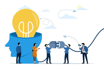 business concept, network connection, business team creative idea and brainstorming to start new project. brainstorming, glowing light bulb as a creative idea, brain stuffing, vector illustration.