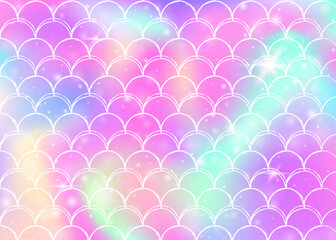 Rainbow scales background with kawaii mermaid princess pattern. © Holo Art
