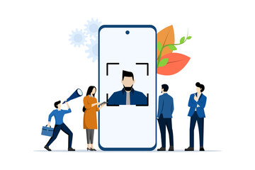 security concept using facial recognition. Face recognition using laser concept ID, man holding mobile phone in his hand and scanning app face, modern technology. flat vector illustration.