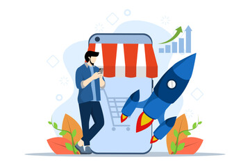 concept of increasing sales with people doing promotion, promoting your business, Company website. business management. Startup lunch, increase in sales and profit, company web page.