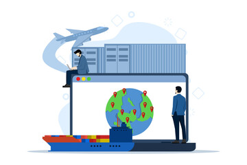 Global logistics network concept. Export, import, warehouse business, transportation. Business logistics. Little people track orders online. Timely delivery. Flat vector illustration on background.