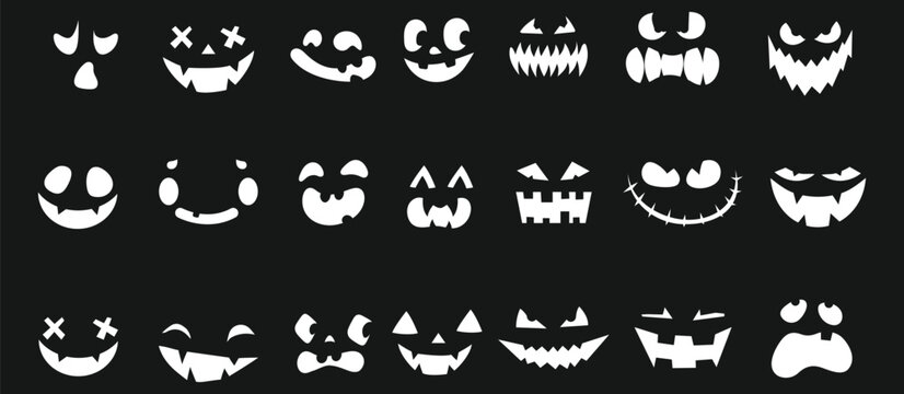 Set of Halloween scary pumpkins cut. Spooky creepy pumpkins cut.