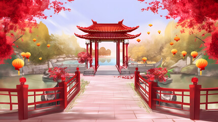  wedding arc and romantic vibe scene chinese new year lanterns  red lanterns in the temple - obrazy, fototapety, plakaty