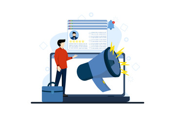 concept of work alerts with small people. Recruitment specialist, virtual job fair, advertising job vacancies with employers and megaphone. Human resources, job offers, job opportunity information.