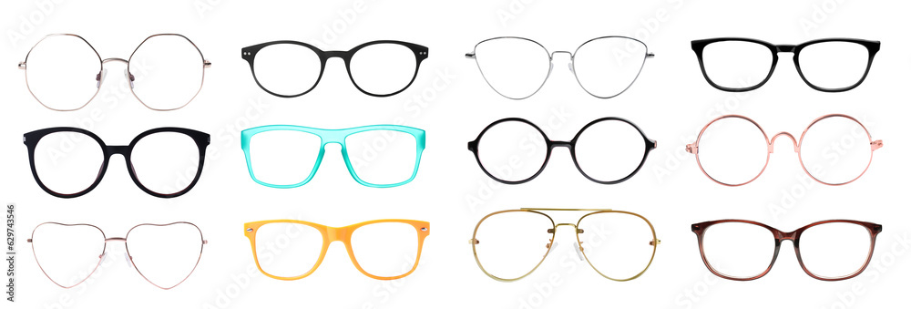 Poster set with different eyeglasses isolated on white