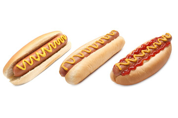 Set of different yummy hot dogs isolated on white