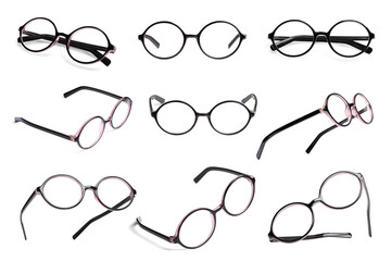 Collage with glasses isolated on white, different sides