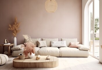 Boho style home interior, living room in pastel beige colors, 3D render. Created with Generative AI technology