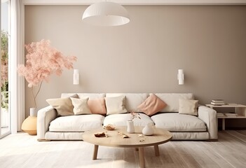 Boho style home interior, living room in pastel beige colors, 3D render. Created with Generative AI technology
