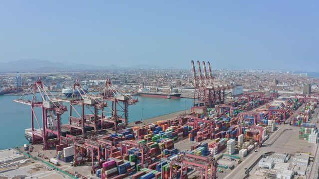 Callao, Lima. Peru 2023. View of dock and containers in the Expansion project port of Callao.