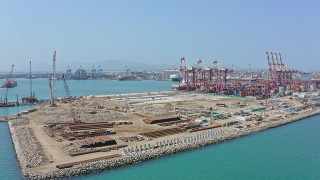 Callao, Lima. Peru 2023. View of dock and containers in the Expansion project port of Callao.