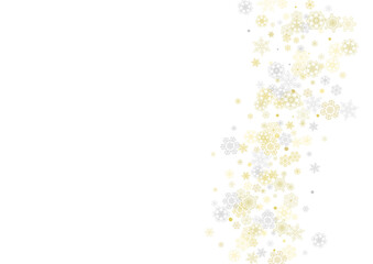 Gold snowflakes frame on white background. New year theme. Horizontal shiny Christmas frame for holiday banner, card, sale, special offer. Falling snow with gold snowflake and glitter for party invite
