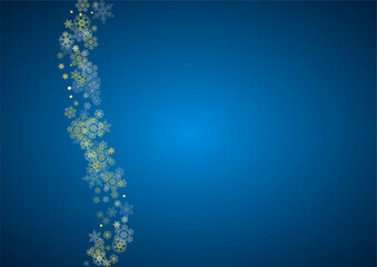 New Year frame with gold snowflakes on blue background. Horizontal Christmas and New Year frame for gift certificate, ads, banner, flyer, sales offers, event invitations. Glitter snow with sparkle