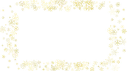 Glitter snowflakes frame on white horizontal background. Shiny Christmas and New Year frame for gift certificate, ads, banners, flyers. Falling snow with golden glitter snowflakes for party invite
