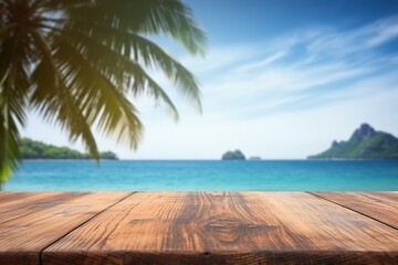 Wood table top on blur seascape and island background - can be used for display or montage your products | Generative AI