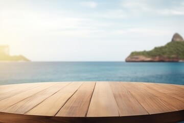 Fototapeta premium Wood table top on blur seascape and island background - can be used for display or montage your products | Generative AI