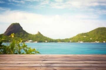 Wood table top on blur seascape and island background - can be used for display or montage your products | Generative AI