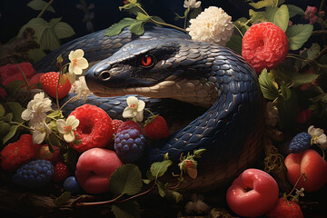 Serpent Charm, Whimsical Illustration of a Snake with Apple and Flowers - obrazy, fototapety, plakaty