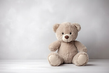 Beige bear peluche pale gray background with copy space