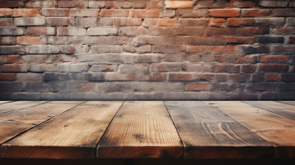 Empty wooden tabletop and beige brick wall background