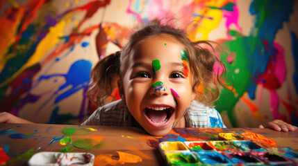 Girl's face beaming with excitement as she engages with a set of art supplies. The close-up shot captures the child's intense concentration and the vibrant colors of the paints and brushes. 