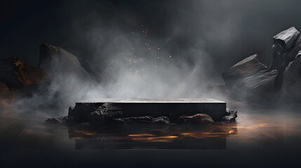 Abstract minimal concept. Dark background with natural granite stones podium on water and smoke surrounding. Mock up template for product presentation. 3D rendering. copy text space 
 - Powered by Adobe