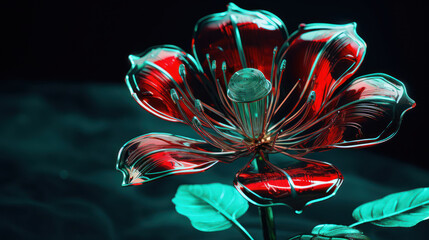 Close up glass red green flower from dreams on dark background