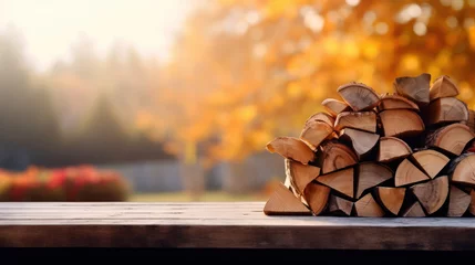  Stack of firewood, grey wooden table autumn, blurred background. © tashechka