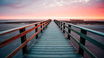Boardwalk going out into the water at sunset