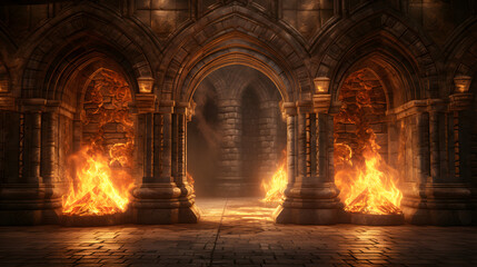 Ancient classic architecture stone arches with flames 