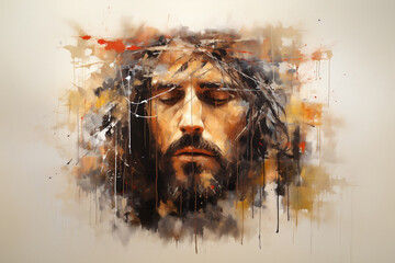 Sacred Reflection, Abstract Portrait of Jesus Christ with Crown of Thorns, Symbolizing Easter and Good Friday