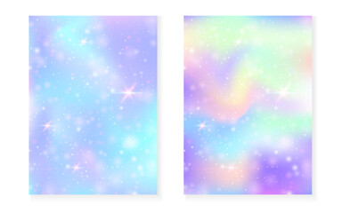 Princess background with kawaii rainbow gradient. Magic unicorn hologram.