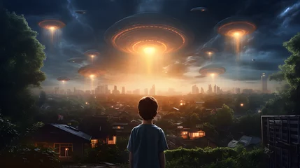 Photo sur Plexiglas UFO Back view of little boy looking at alien invasion, UFO flying in the sky above city, concept of evidence and sighting. 