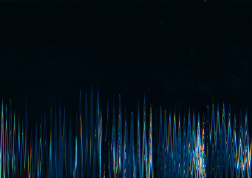 Glitch vibration. Interference noise. Signal error. Black background with blue white thin zigzag ornament blurred overlay pattern free space.