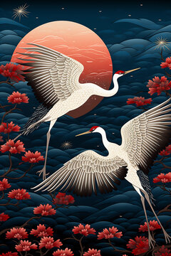 A painting of japanese cranes flying over a red background, in the style of dark