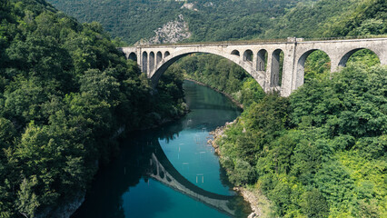 Fototapeta na wymiar Solcan Bridge over River Soca, Slovenia.