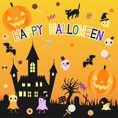 お化けやお菓子などをちりばめたハロウィンのカード　正方形バージョン