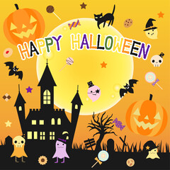 お化けやお菓子などをちりばめたハロウィンのカード　正方形バージョン