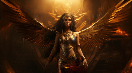 Wings of Glory, A Majestic Golden Goddess Soaring with Grace in this Illustration