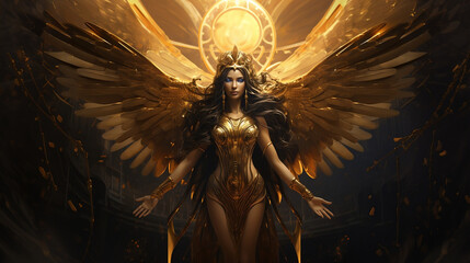 Guardian of the Sun, Majestic golden goddess Isis with outstretched wings, a captivating illustration, - obrazy, fototapety, plakaty