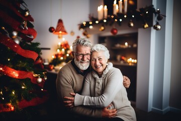 Lovely senior couple embracing each other in Christmas eve. Christmas tree and décor as background