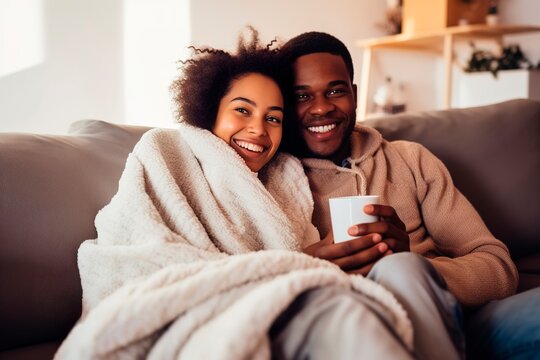 Happy Afro American couple sitting in the couch during cozy winter