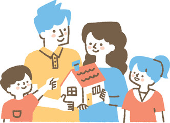 家の模型を抱えている4人家族_色