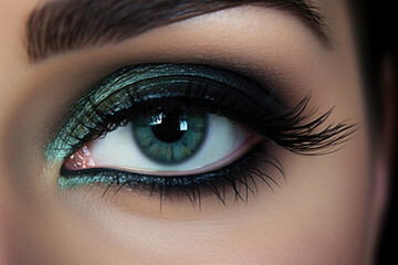 Fototapeta premium Female eye with gree make-up, eye with long eyelashes close-up Generative AI