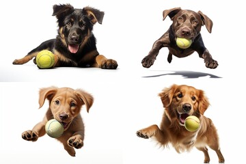 set of dogs playing with ball isolated on white background.