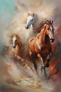 A painting of horses running, in the style of decorative paintings