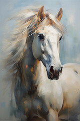 A painting showing a horse's head, in the style of light silver and blue
