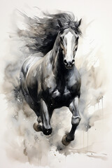 Horse running chinese art painting, in the style of light black and gray