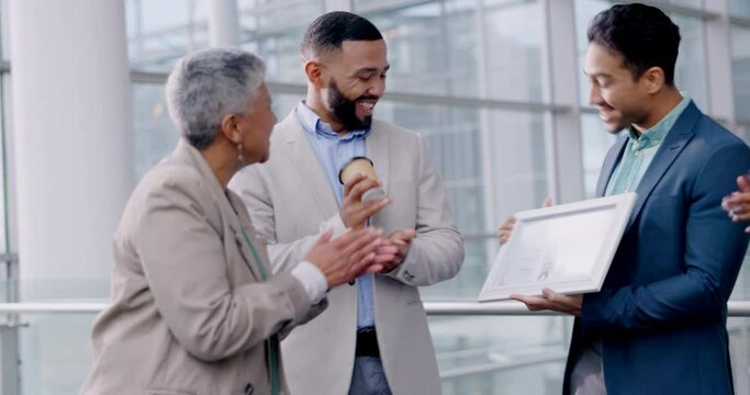 Business people, certificate and applause with achievement, celebration and service award with goals. Staff, Asian man or happy group clapping, success and support with growth, development and praise
