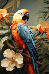 Fototapeta premium Illustration of a vibrant parrot on a tree branch created with Generative AI technology